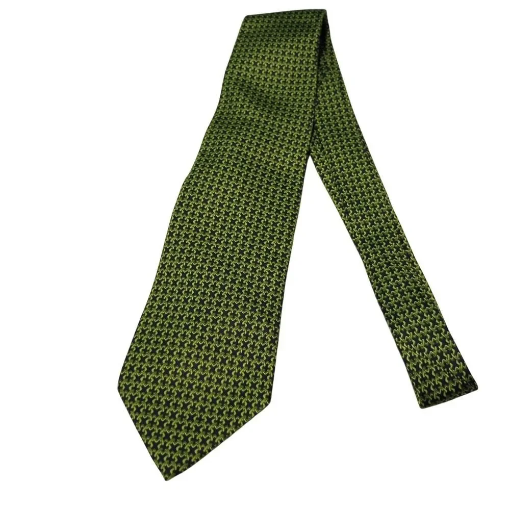 Brooks Brothers Basics Mens Silk Tie Lime Green Navy Blue Geometric Made‎ in USA